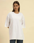AE Oversized French Terry Crew Neck T-Shirt | White | Woman, model wearing oversized white tee with relaxed fit.
