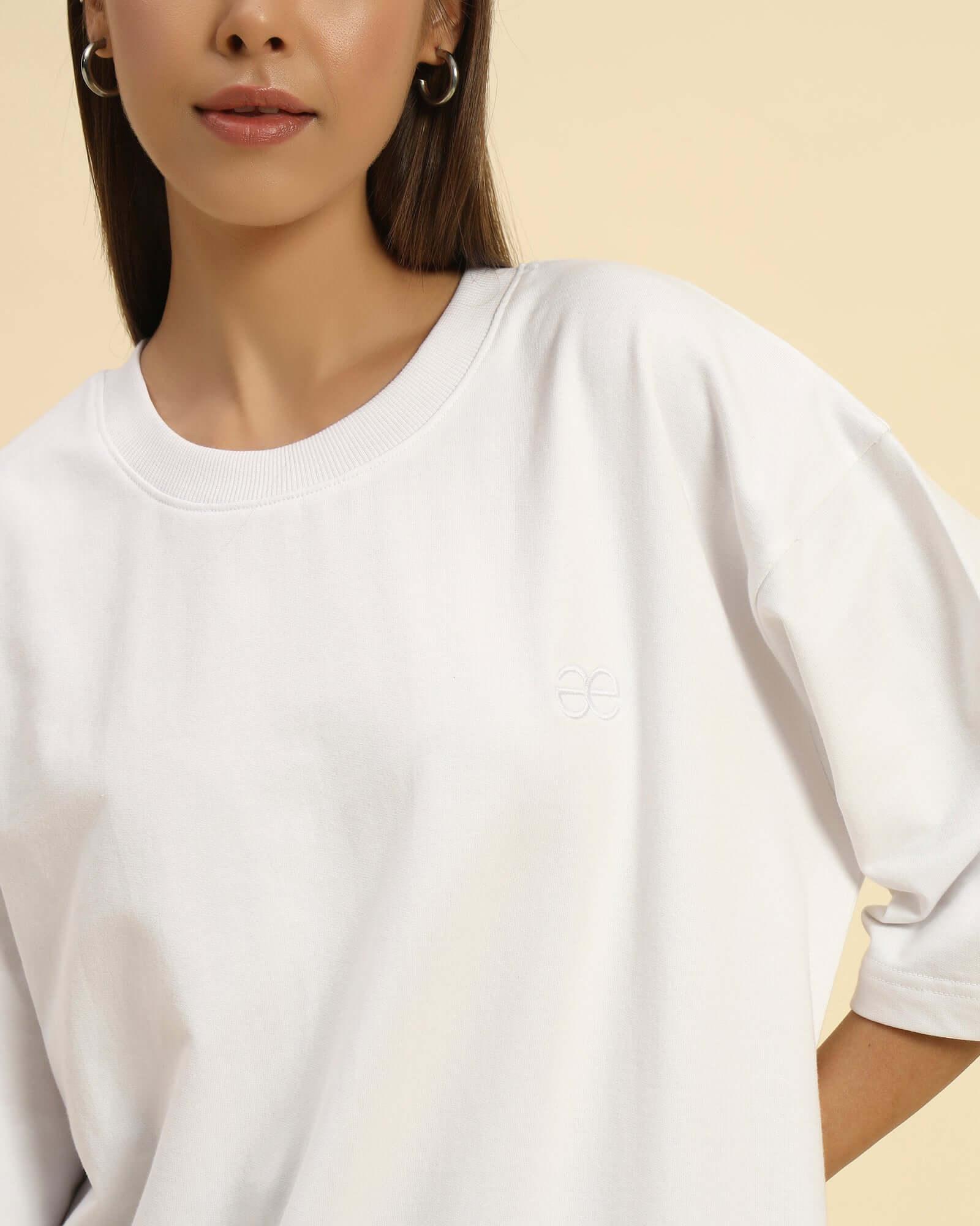 AE Oversized French Terry Crew Neck T-Shirt | White | Woman, featuring an embroidered logo.