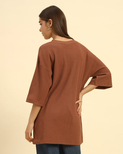 Oversized Waffle Knit Round Neck T-Shirt | Coffee Brown | Woman