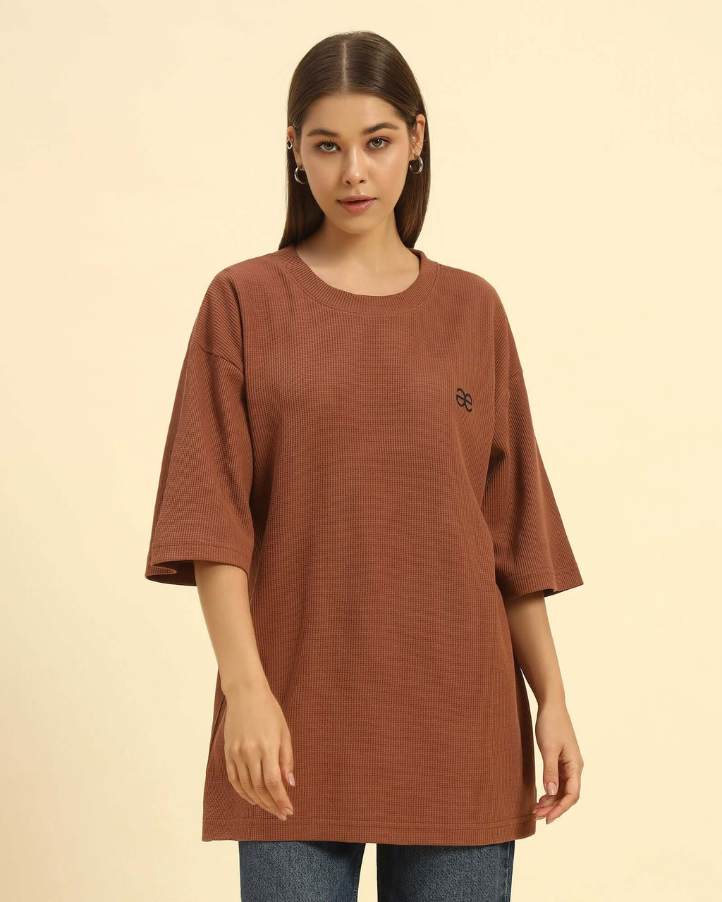 Oversized Waffle Knit Round Neck T-Shirt | Coffee Brown | Woman, relaxed fit T-shirt in rich coffee brown.