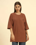 Oversized Waffle Knit Round Neck T-Shirt | Coffee Brown | Woman, relaxed fit T-shirt in rich coffee brown.