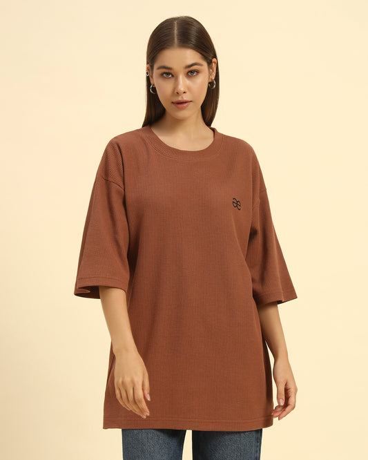 Oversized Waffle Knit Round Neck T-Shirt | Coffee Brown | Woman