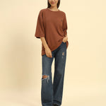 Oversized Waffle Knit Round Neck T-Shirt | Coffee Brown | Woman