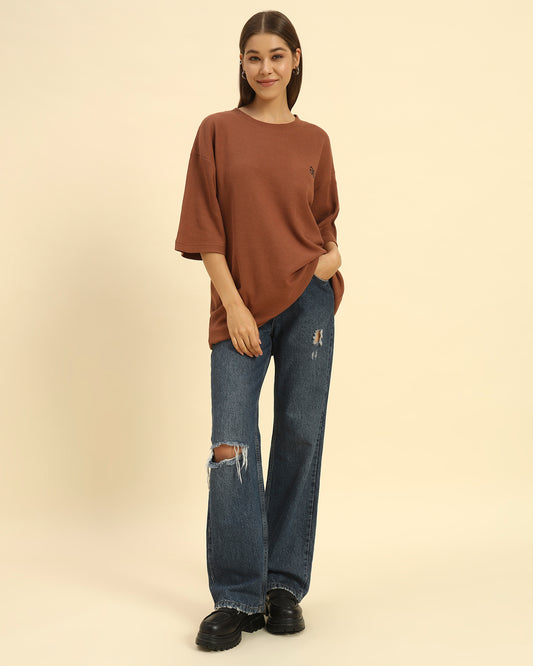 Oversized Waffle Knit Round Neck T-Shirt | Coffee Brown | Woman