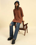 Oversized Waffle Knit Round Neck T-Shirt | Coffee Brown | Woman worn with casual jeans and a bucket hat.