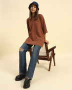 Oversized Waffle Knit Round Neck T-Shirt | Coffee Brown | Woman worn with casual jeans and a bucket hat.