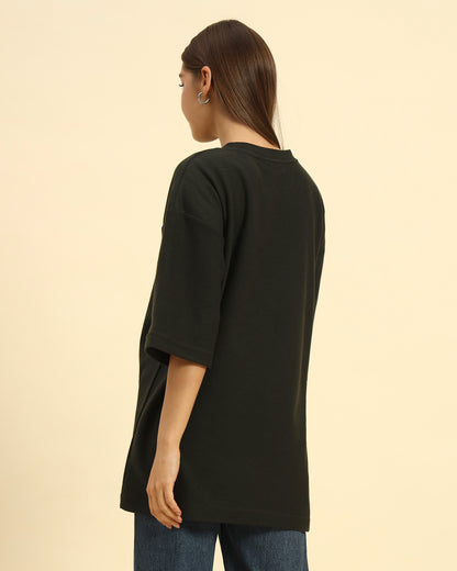 Oversized Jacquard Round Neck T-Shirt | Dark Green | Woman