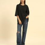 Oversized Jacquard Round Neck T-Shirt | Dark Green | Woman