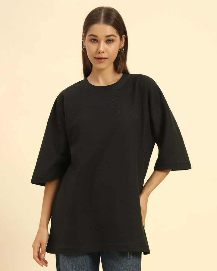 Oversized Jacquard Round Neck T-Shirt | Dark Green | Woman