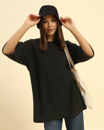 Oversized Jacquard Round Neck T-Shirt | Dark Green | Woman