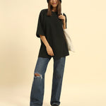 Oversized Jacquard Round Neck T-Shirt | Dark Green | Woman