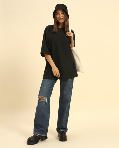 Oversized Jacquard Round Neck T-Shirt | Dark Green | Woman