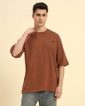 Aeternum Men's Oversized Waffle Knit Round Neck T-Shirt in Coffee Brown - Front view showing the relaxed boxy fit.