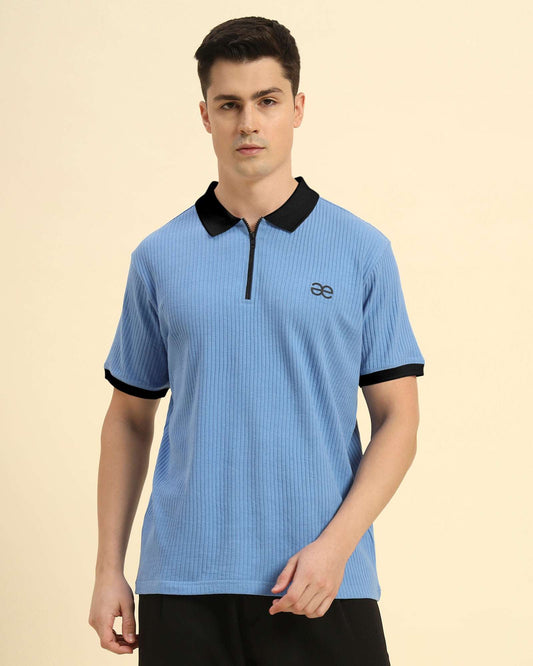 Aeternum Men's Premium Classic Fit Rib Knit Polo in Sky Blue - Front view showing the textured vertical rib knit and tailored fit.
