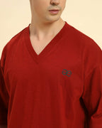 Close-up of the V-neck collar and premium slub knit fabric on the Aeternum Men's Red T-Shirt.
