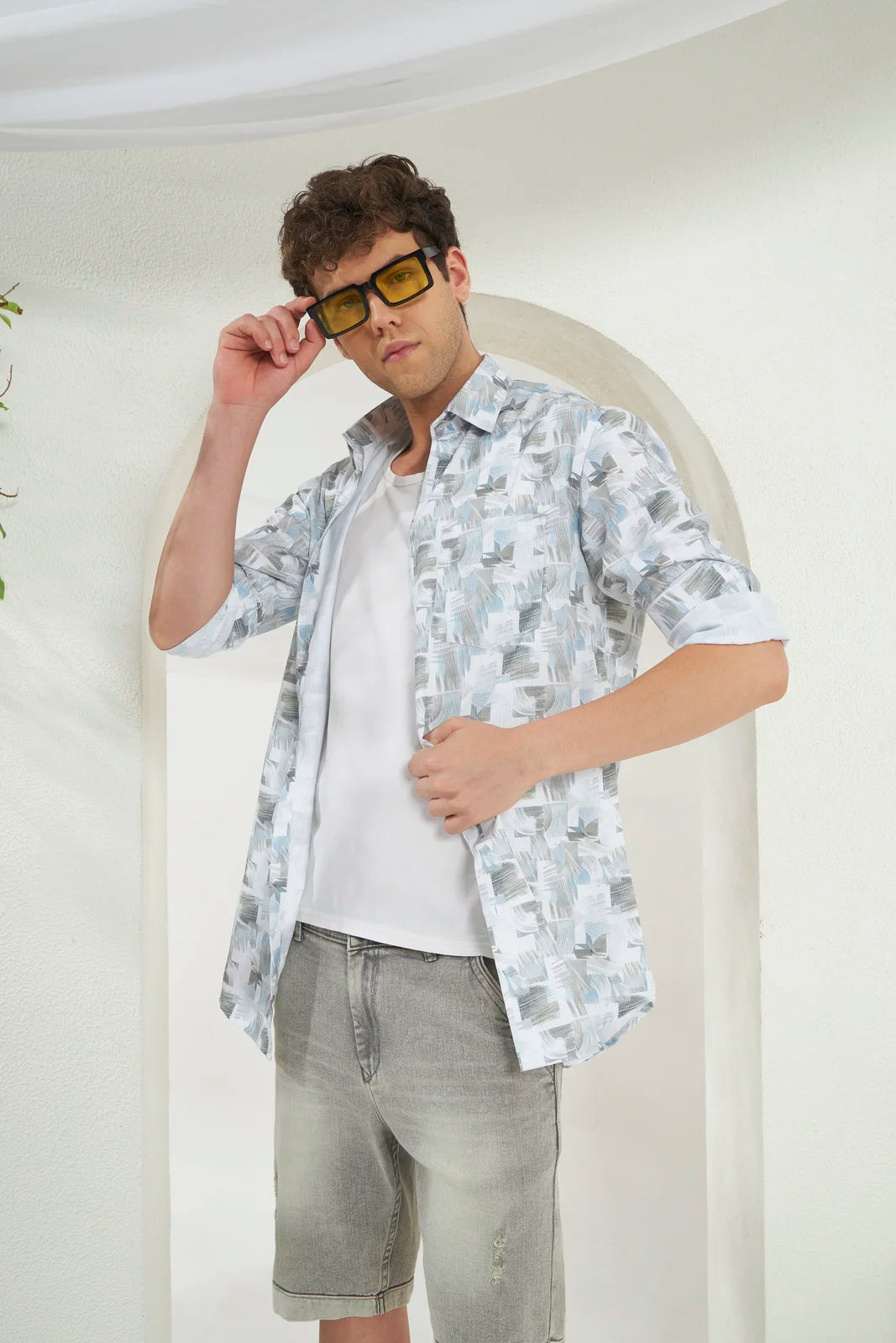 Classic Fit Printed French Cotton-Viscose Shirt | Abstract Print