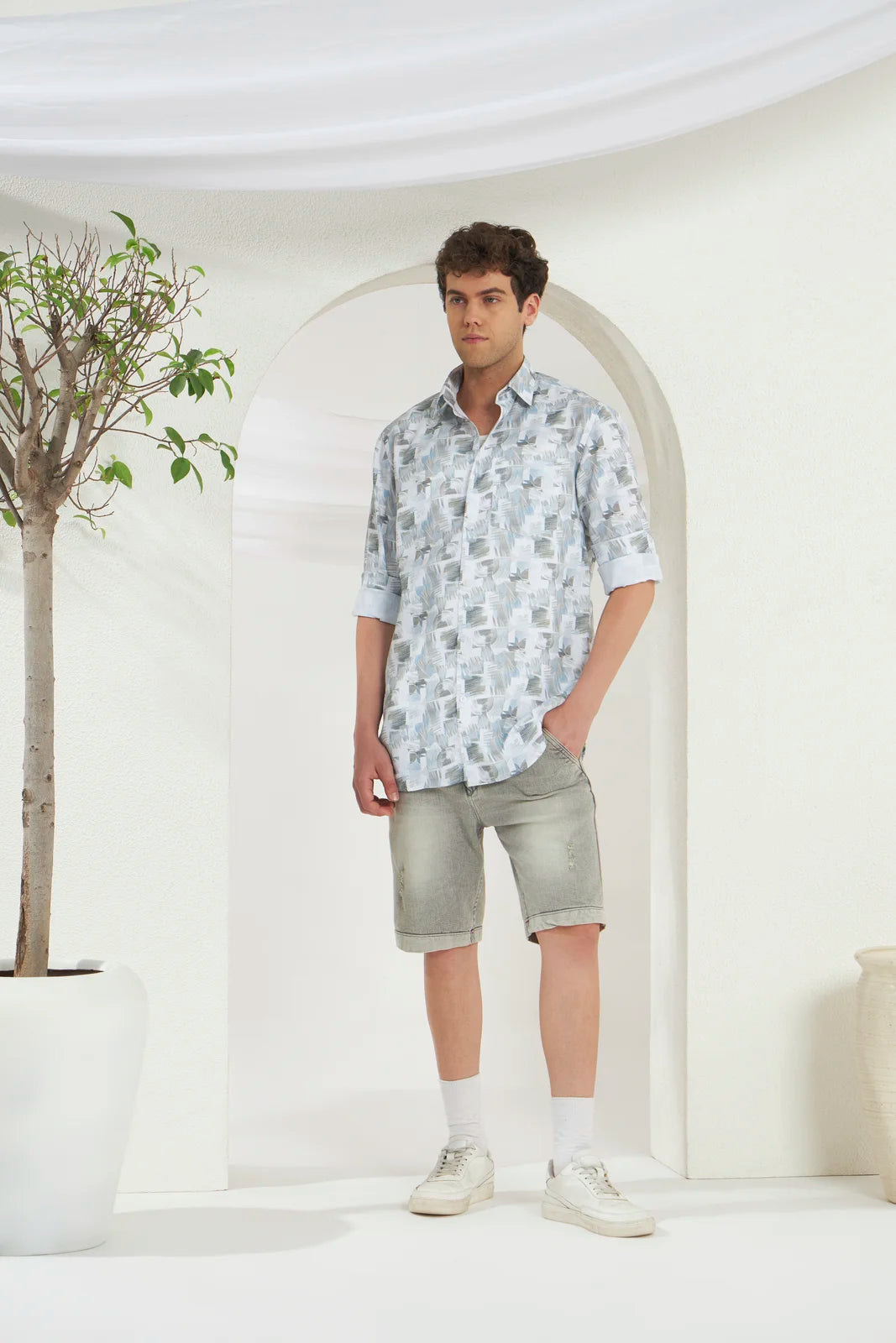 Classic Fit Printed French Cotton-Viscose Shirt | Abstract Print