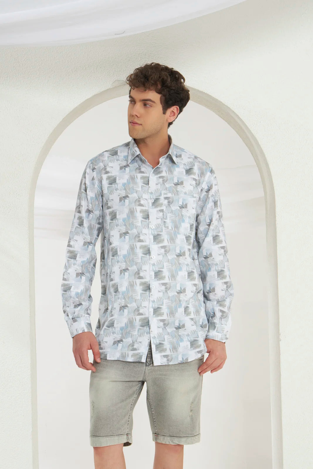 Classic Fit Printed French Cotton-Viscose Shirt | Abstract Print