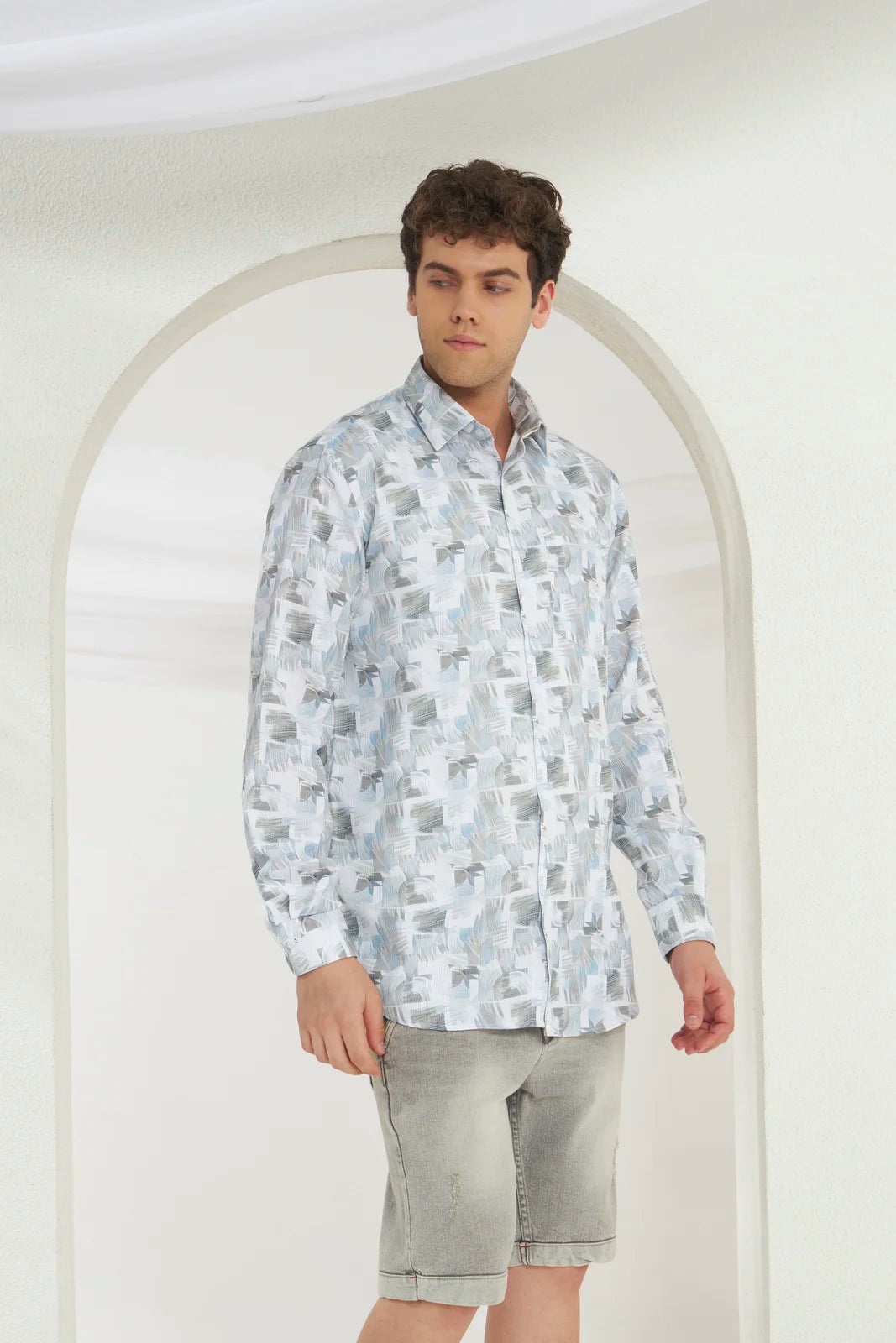 Classic Fit Printed French Cotton-Viscose Shirt | Abstract Print