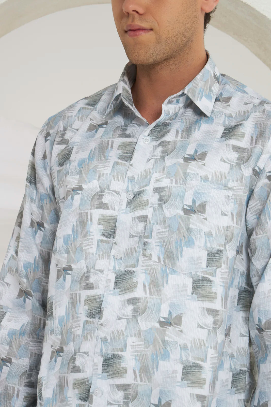 Classic Fit Printed French Cotton-Viscose Shirt | Abstract Print