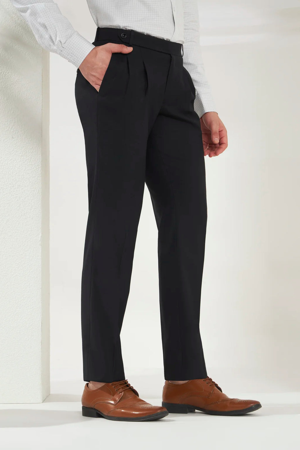 Pleated Tailored Fit Terry-Rayon Trousers | Black