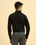 Back view of the Black Aeternum Men's Giza Cotton Satin Shirt demonstrating the clean shoulder line and structured fit.