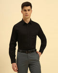 Aeternum Men's Classic Fit Giza Cotton Satin Shirt in Black - Front view showing the premium high-luster satin finish.