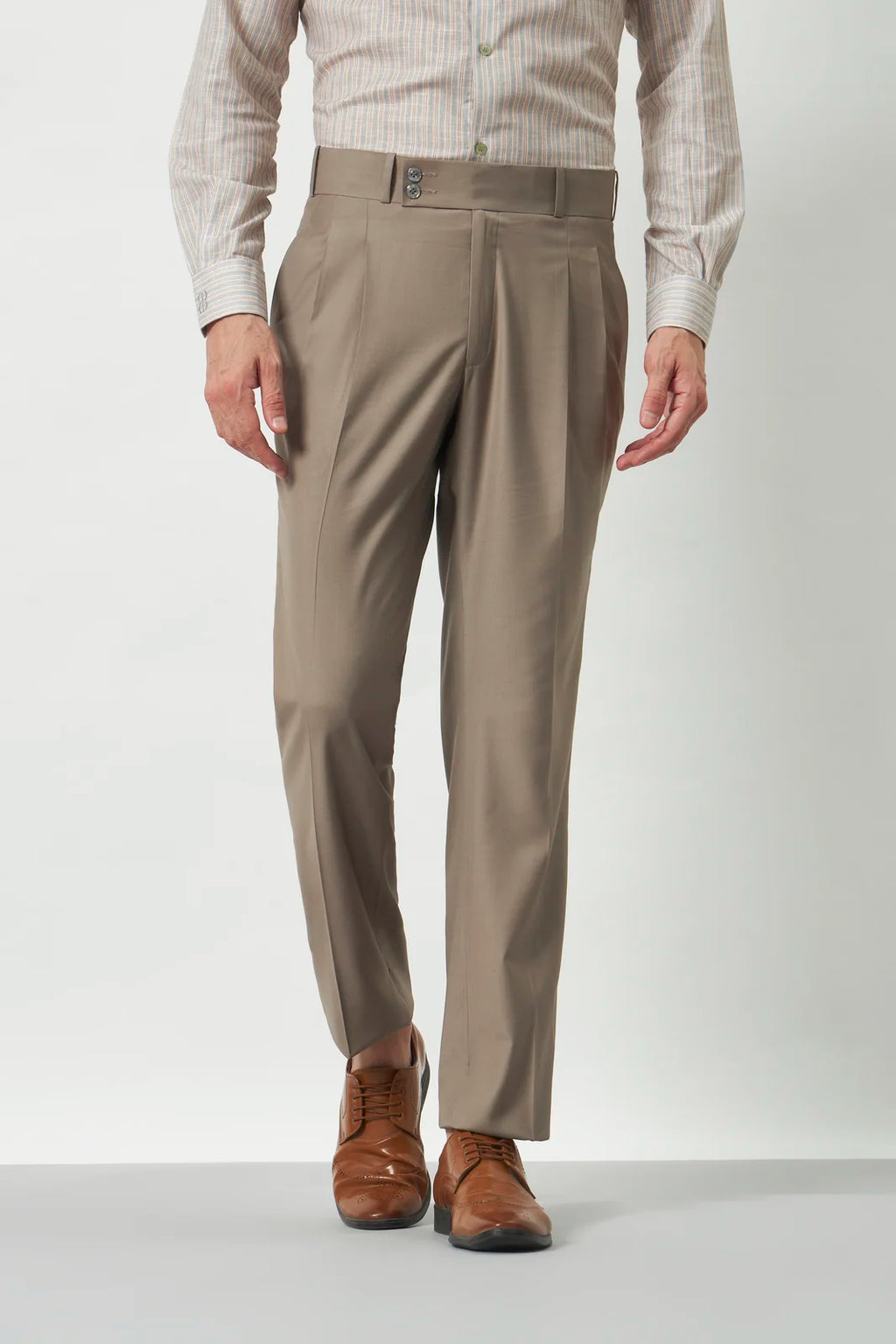 Pleated Tailored Fit Terry-Rayon Trousers | Light Brown