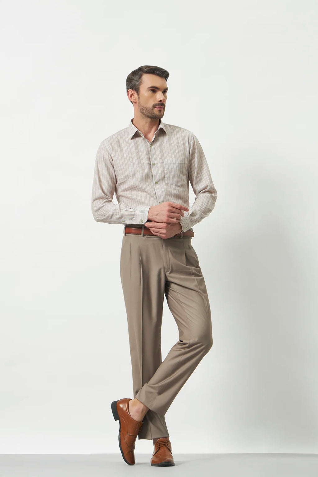Pleated Tailored Fit Terry-Rayon Trousers | Light Brown