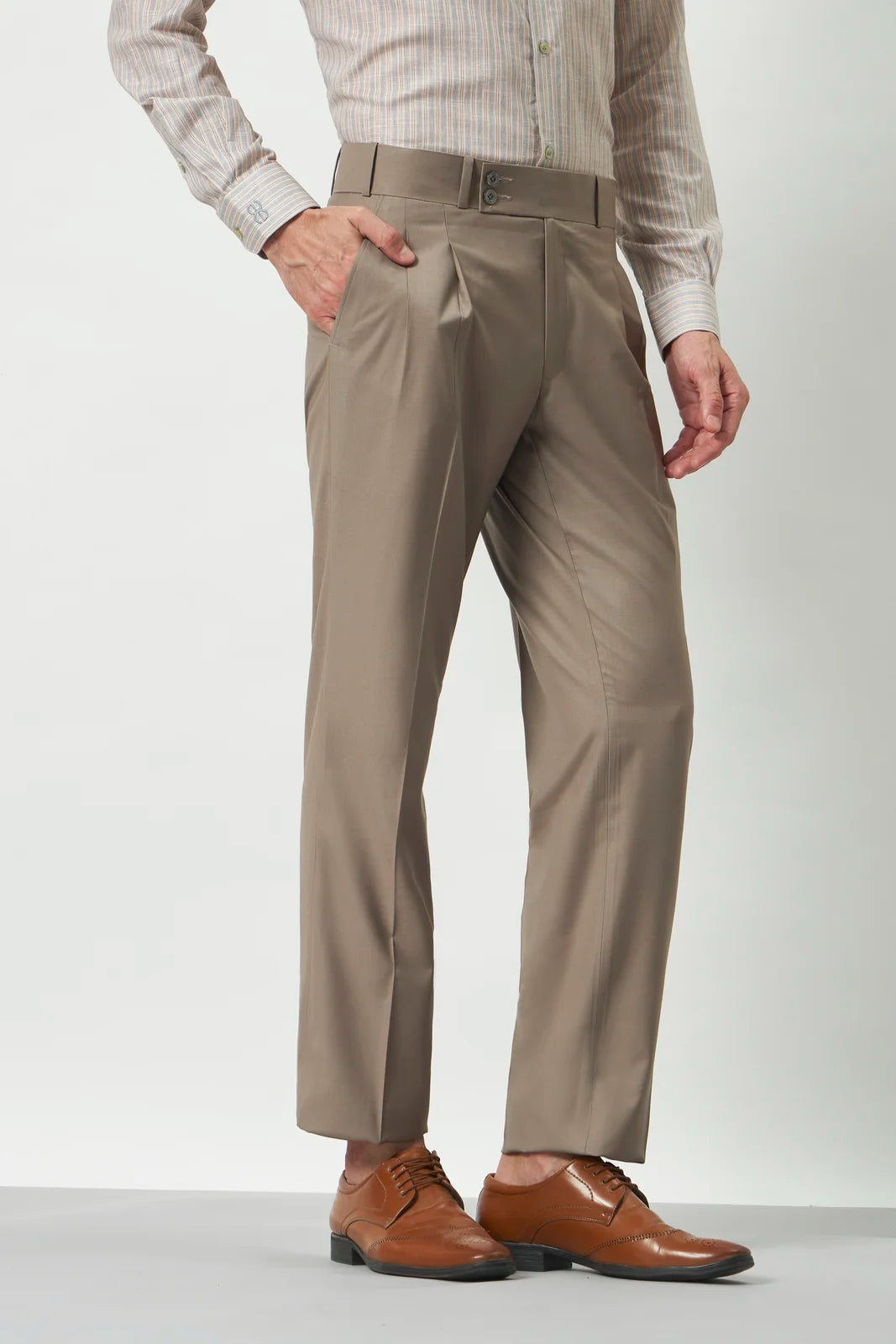 Pleated Tailored Fit Terry-Rayon Trousers | Light Brown