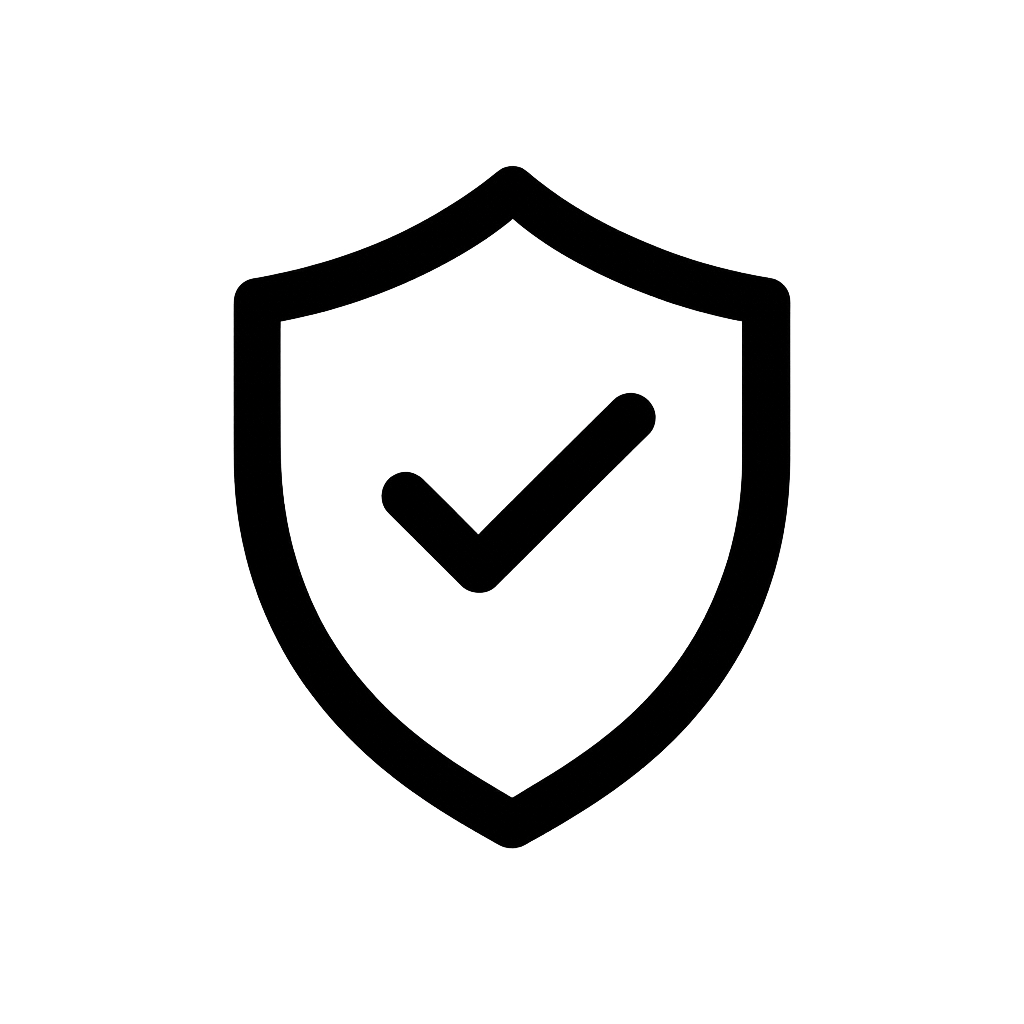 Black shield icon with a check mark on a white background