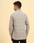 Back view of the White & Brown Aeternum Men's Checked Cotton Shirt demonstrating the clean shoulder line and structured fit