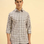 Aeternum Men's Classic Fit Checked Cotton Shirt in White & Brown - Front view showing the timeless checkered pattern and button-down design