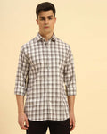 Aeternum Men's Classic Fit Checked Cotton Shirt in White & Brown - Front view showing the timeless checkered pattern and button-down design