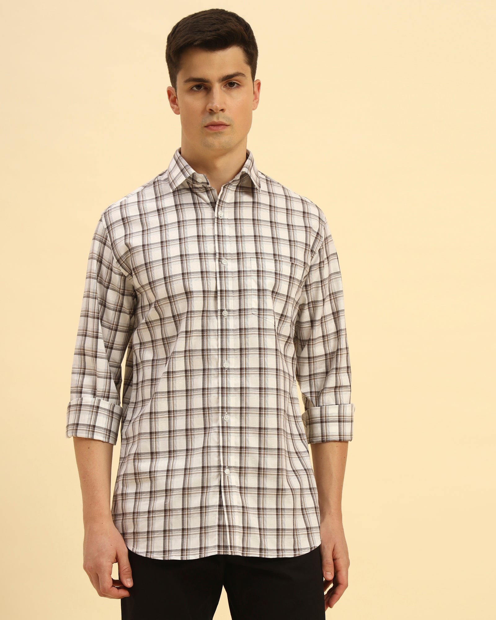 Classic Fit Checked Cotton Shirt | White & Brown
