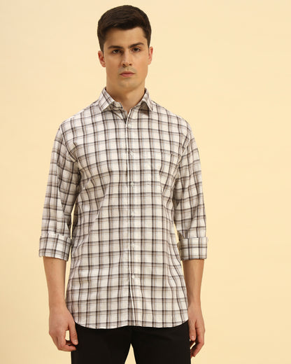Classic Fit Checked Cotton Shirt | White & Brown