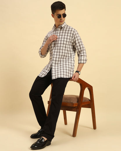 Classic Fit Checked Cotton Shirt | White & Brown
