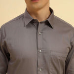 Close-up of the pointed collar and premium high-luster Giza cotton fabric texture on the Aeternum Men's Dark Grey Shirt.
