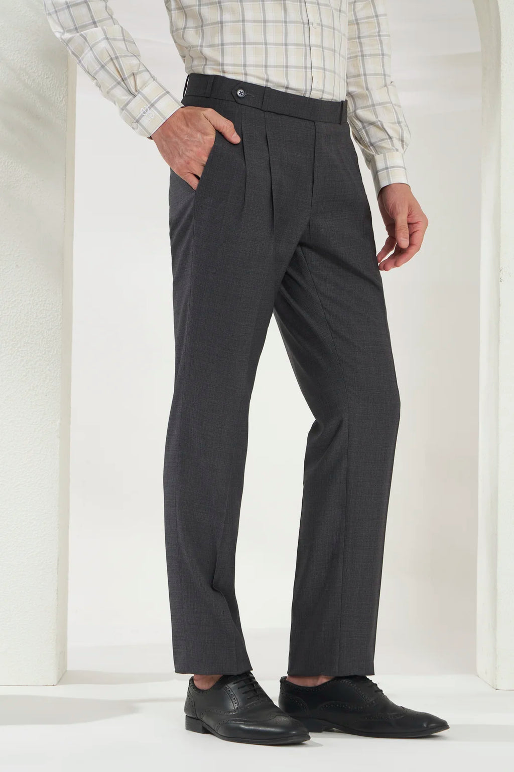 Pleated Tailored Fit Terry-Rayon Trousers | Dark Grey