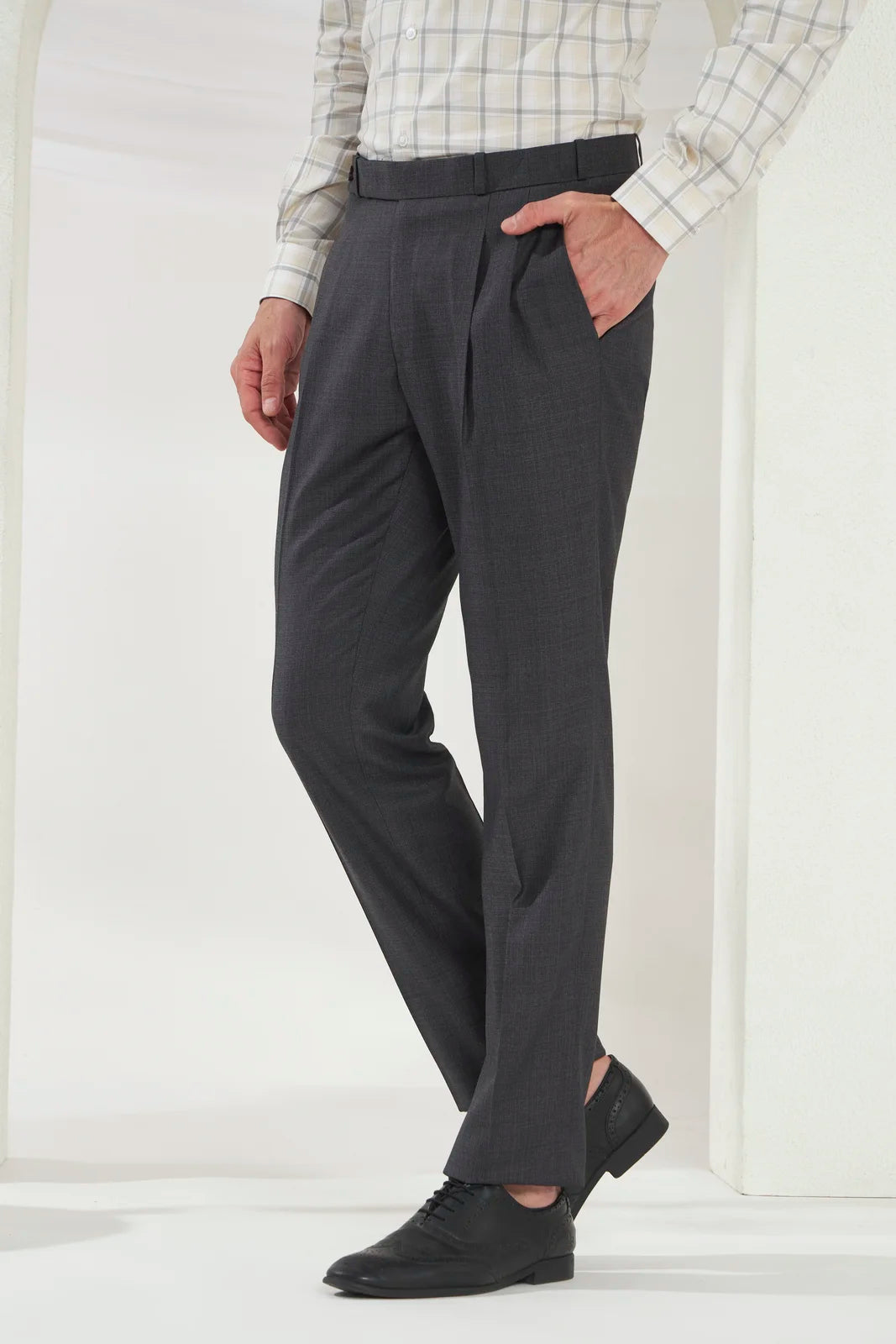 Pleated Tailored Fit Terry-Rayon Trousers | Dark Grey