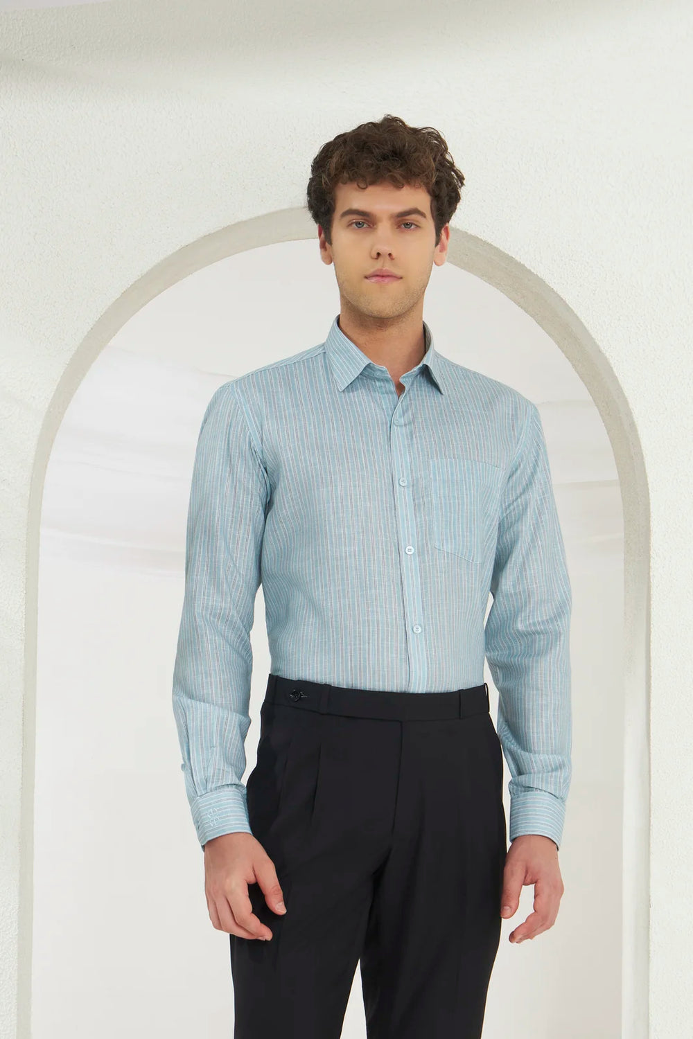Classic Fit Striped Poly-Viscose Shirt | Green-Blue