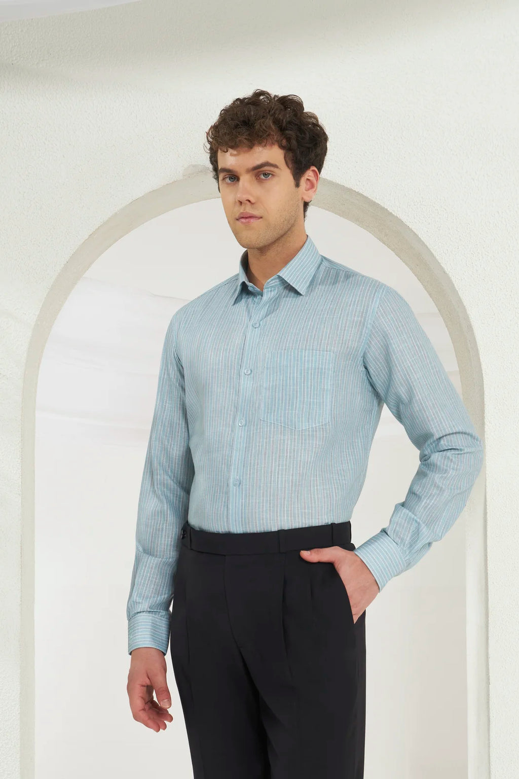 Classic Fit Striped Poly-Viscose Shirt | Green-Blue