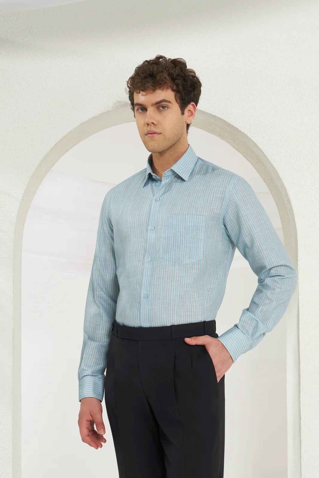 Classic Fit Striped Poly-Viscose Shirt | Green-Blue