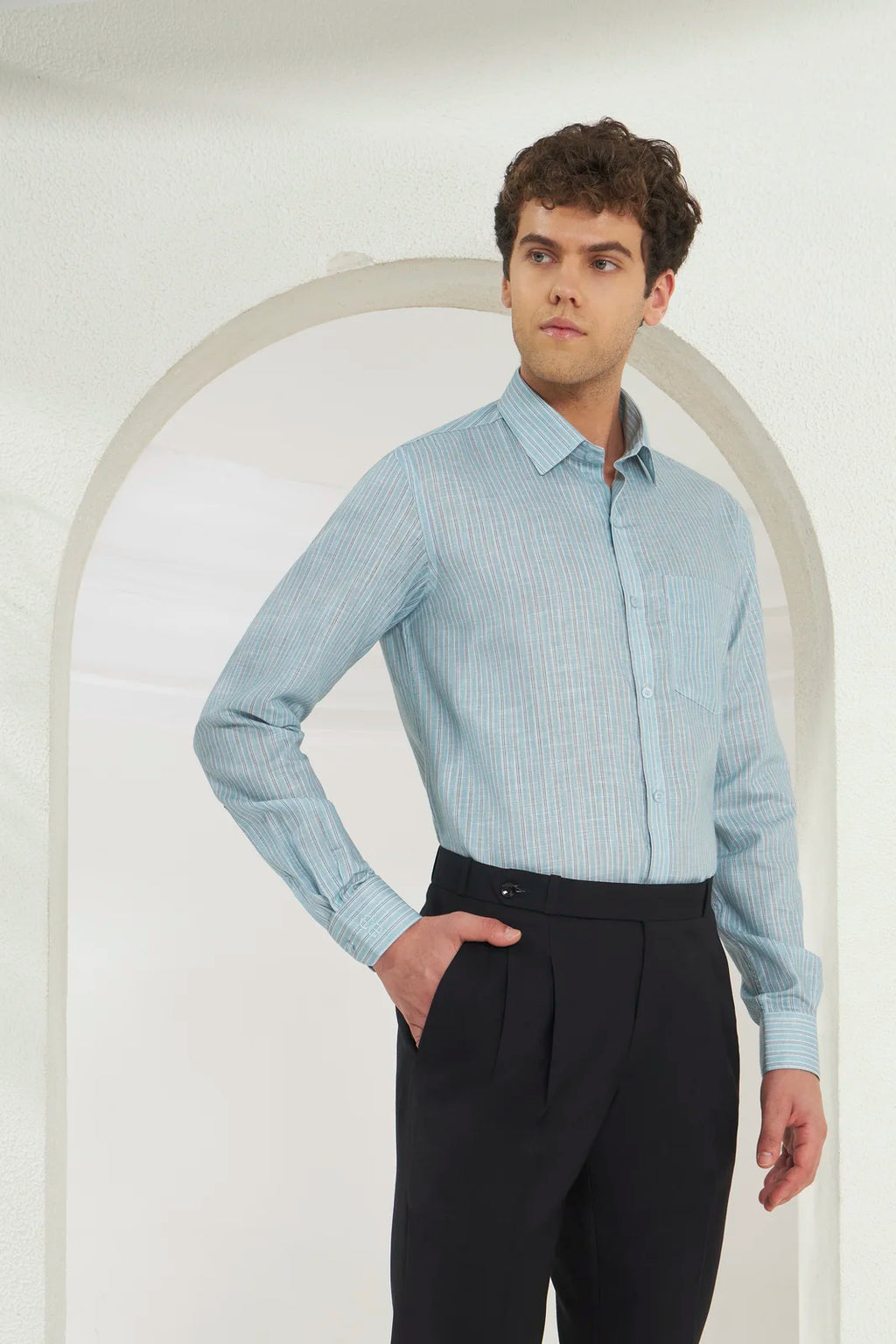Classic Fit Striped Poly-Viscose Shirt | Green-Blue