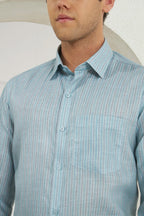 Classic Fit Striped Poly-Viscose Shirt | Green-Blue