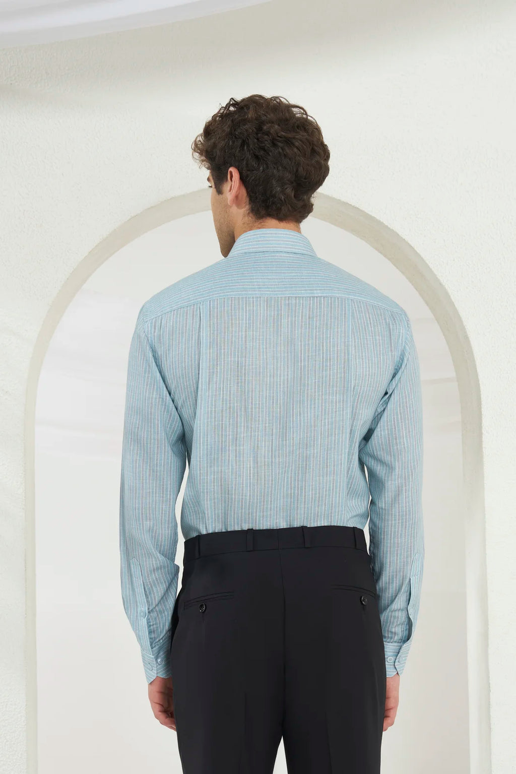 Classic Fit Striped Poly-Viscose Shirt | Green-Blue