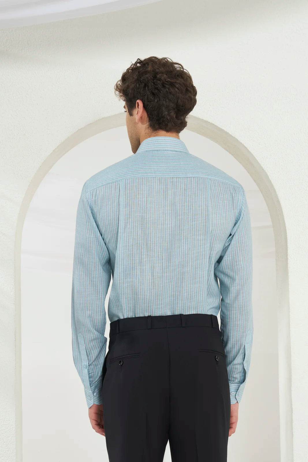 Classic Fit Striped Poly-Viscose Shirt | Green-Blue