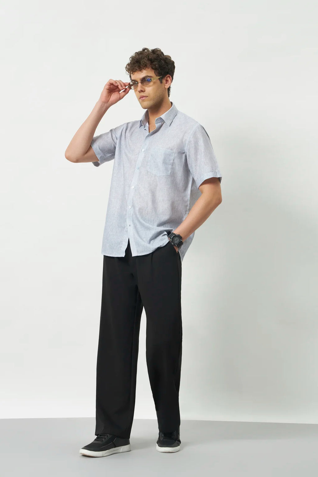 Relaxed Fit Linen Rose Half Sleeve Shirt | Light Grey