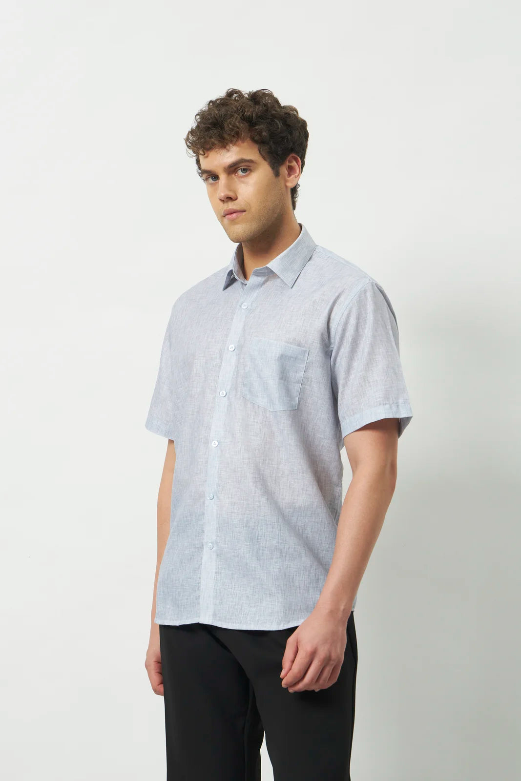 Relaxed Fit Linen Rose Half Sleeve Shirt | Light Grey