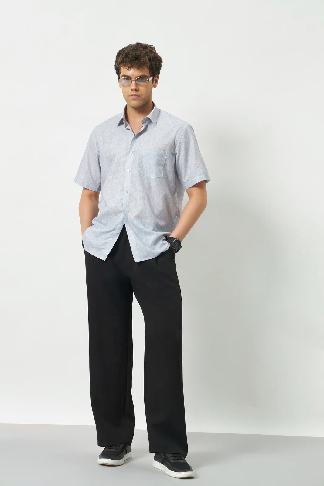 Relaxed Fit Linen Rose Half Sleeve Shirt | Light Grey